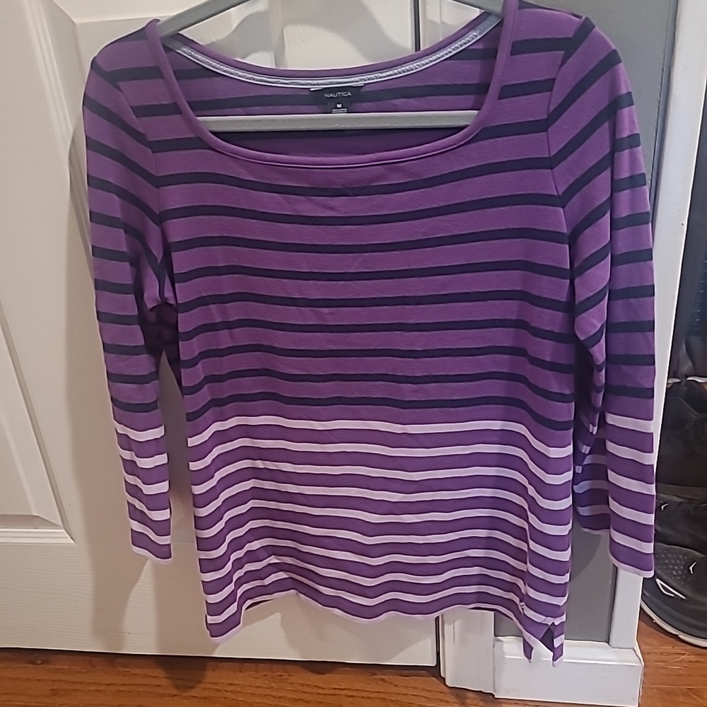 Nautica Purple Striped Women's Top (Size Medium.   P888 100% Cotton